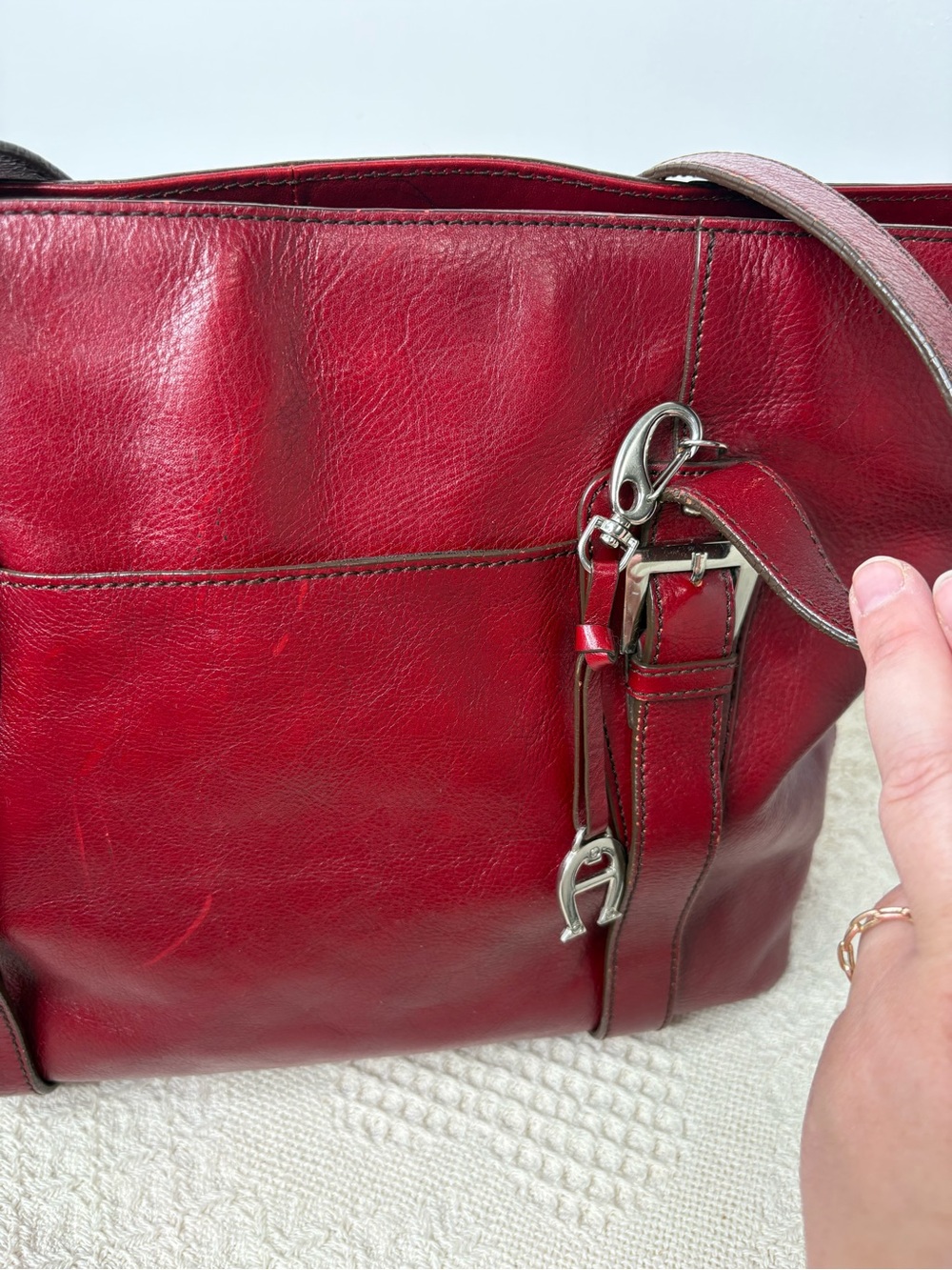 Y2K Vintage Etienne Aigner Red Large Pebble Leather Top-Zip Tote Bag - Picture 3 of 11